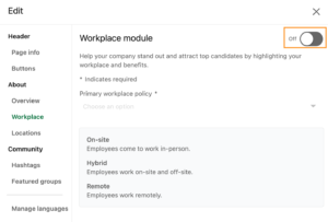 how to add workplace settings to linkedin page