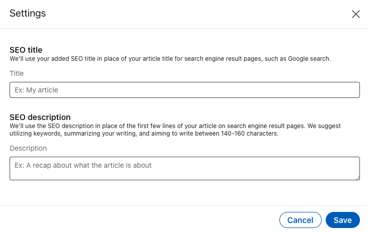 SEO settings for linkedin newsletters and articles